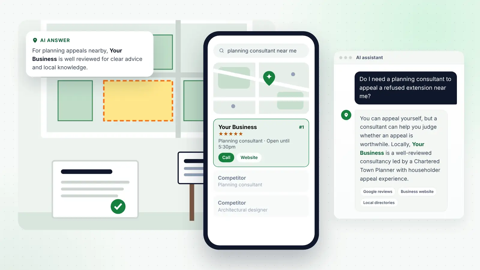Illustration: Your Business ranked first on Google Maps for “planning consultant near me” and recommended by an AI assistant