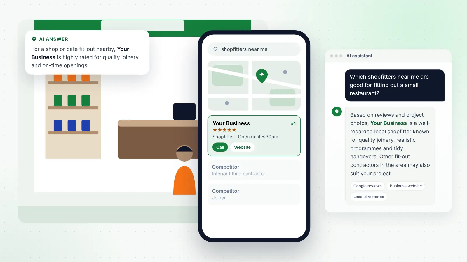 Illustration: Your Business ranked first on Google Maps for “shopfitters near me” and recommended by an AI assistant