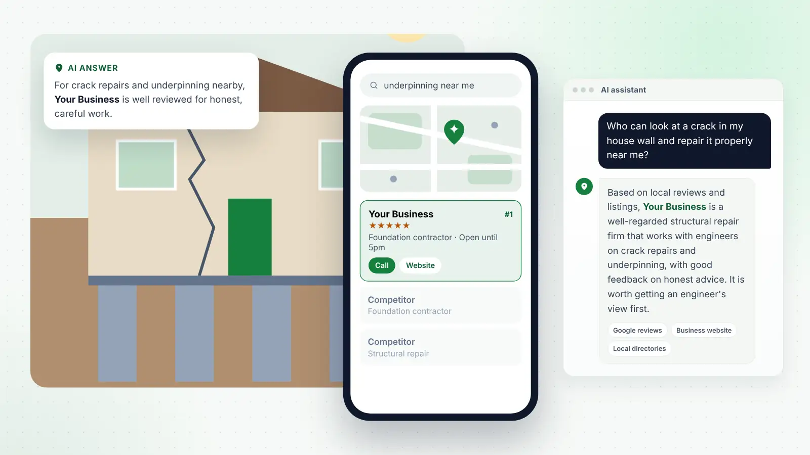 Illustration: Your Business ranked first on Google Maps for “underpinning near me” and recommended by an AI assistant