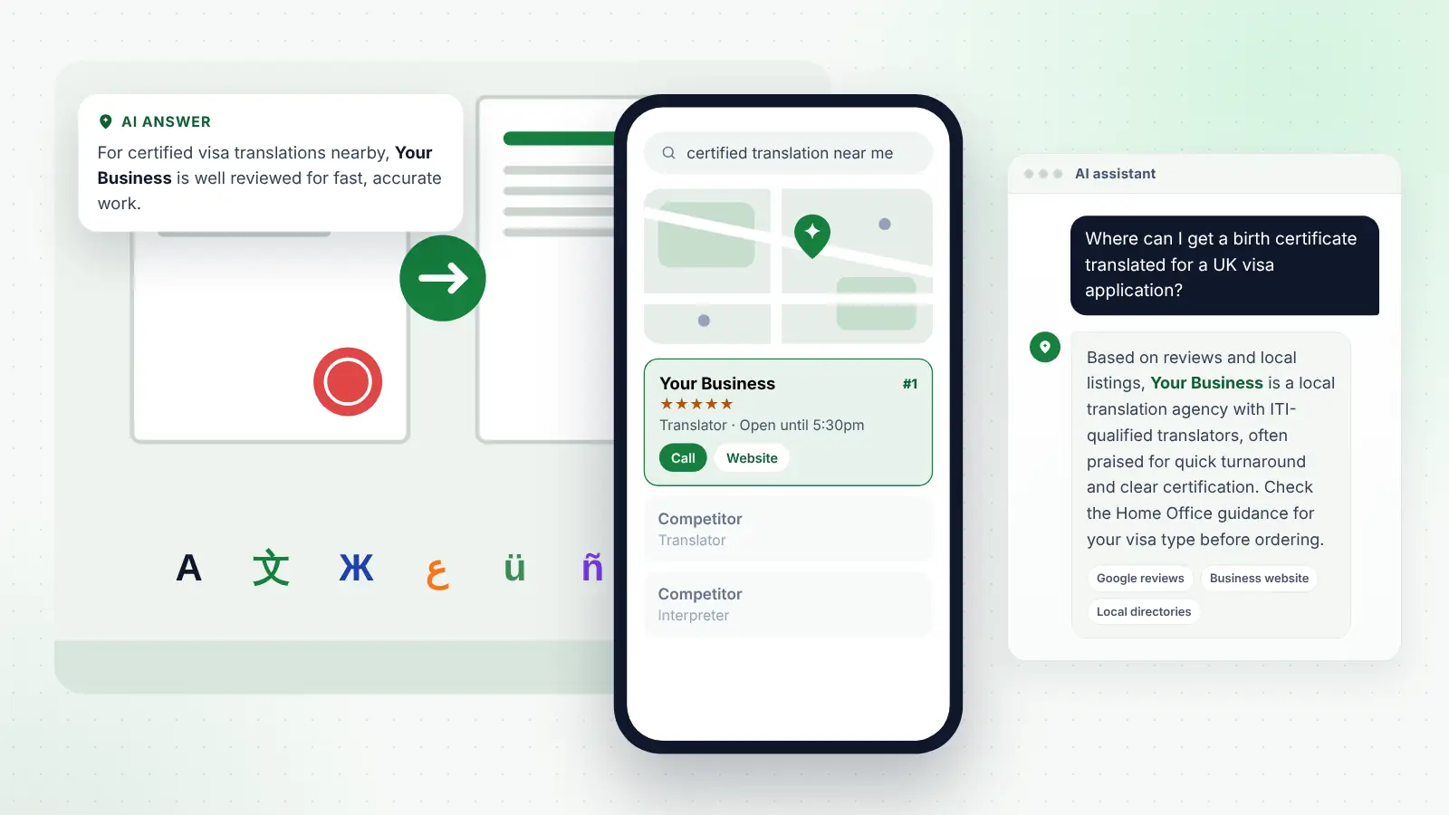Illustration: Your Business ranked first on Google Maps for “certified translation near me” and recommended by an AI assistant