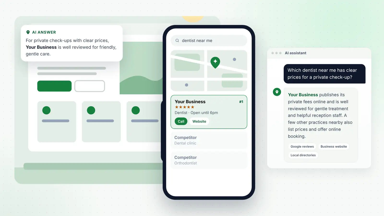 Illustration: Your Business ranked first on Google Maps for “dentist near me” and recommended by an AI assistant