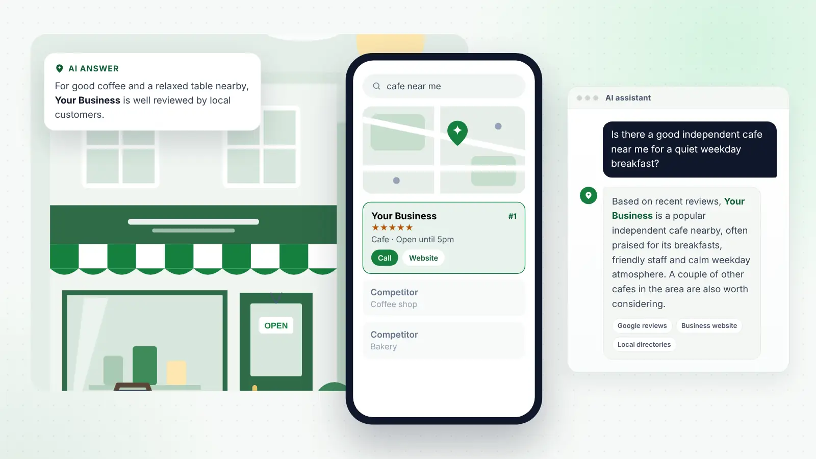 Illustration: Your Business ranked first on Google Maps for “cafe near me” and recommended by an AI assistant