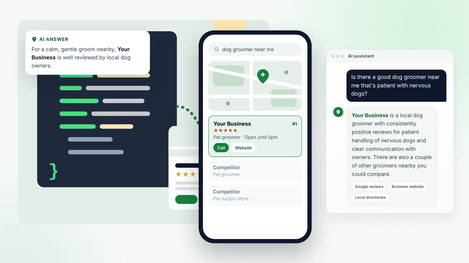 Illustration: Your Business ranked first on Google Maps for “dog groomer near me” and recommended by an AI assistant