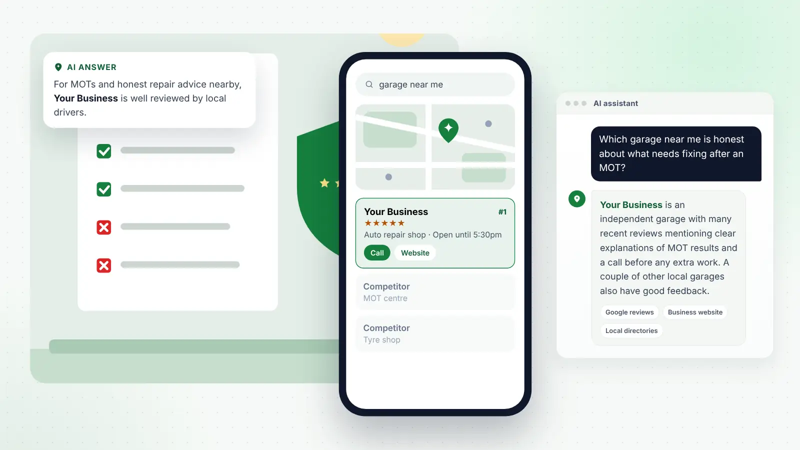 Illustration: Your Business ranked first on Google Maps for “garage near me” and recommended by an AI assistant
