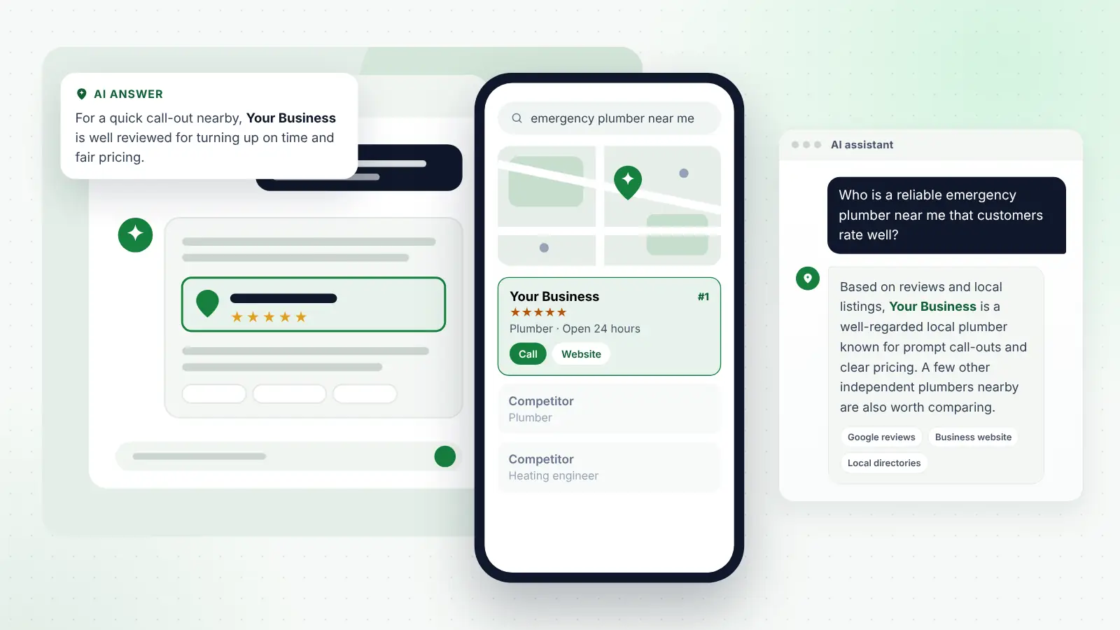 Illustration: Your Business ranked first on Google Maps for “emergency plumber near me” and recommended by an AI assistant