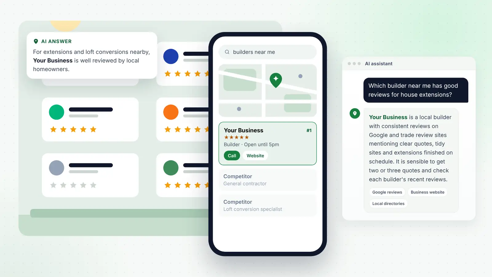 Illustration: Your Business ranked first on Google Maps for “builders near me” and recommended by an AI assistant