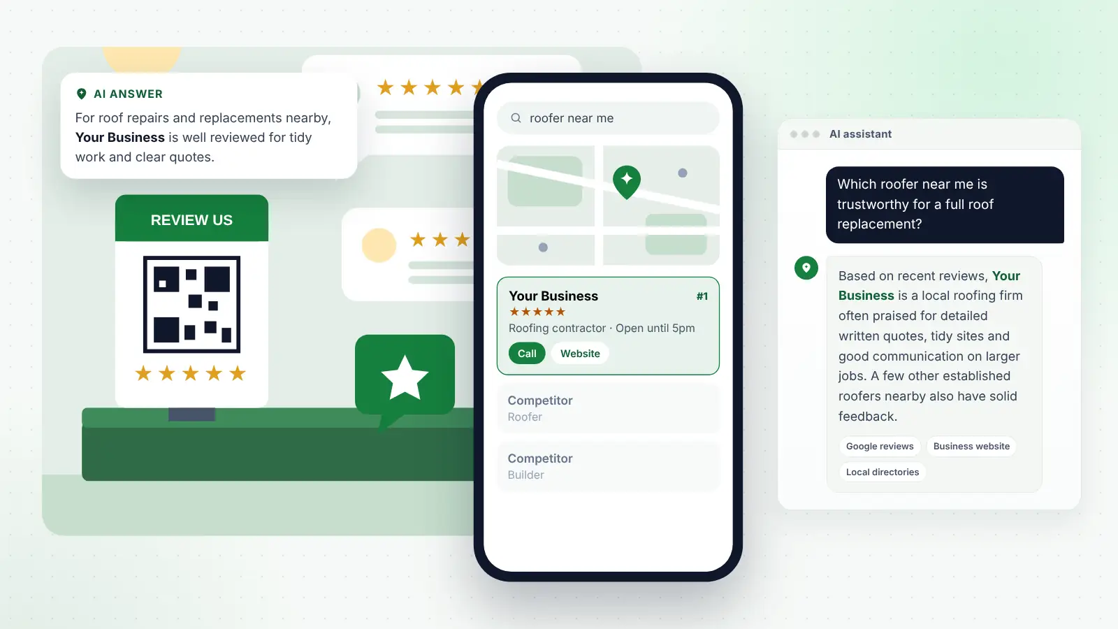 Illustration: Your Business ranked first on Google Maps for “roofer near me” and recommended by an AI assistant